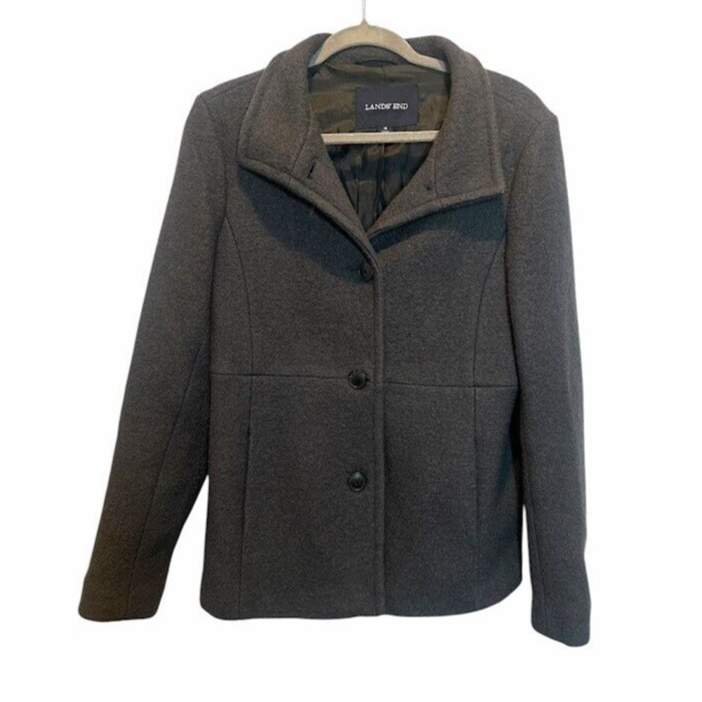 Lands' End Button Up Coat Jacket Womens Size‎ 10 Grey Wool Blend Peacoat Office
